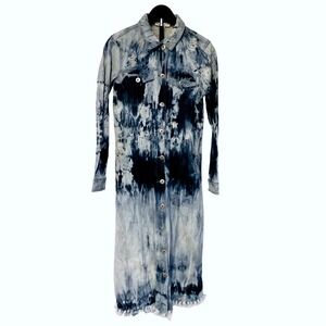 Indigo thread CO distress denim maxi dress‎ button Y2k Boho long jacket frayed S